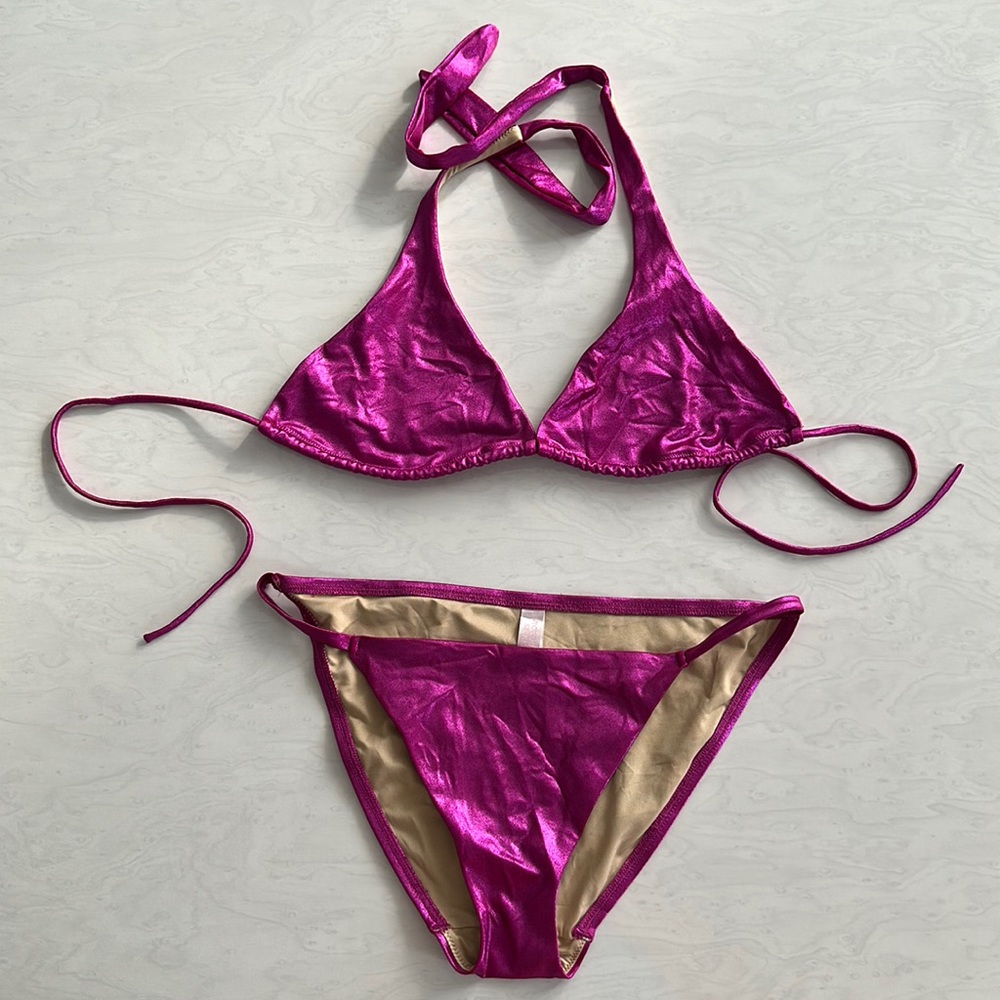 Victoria’s Secret, two piece bikini in metallic fuchsia, size medium